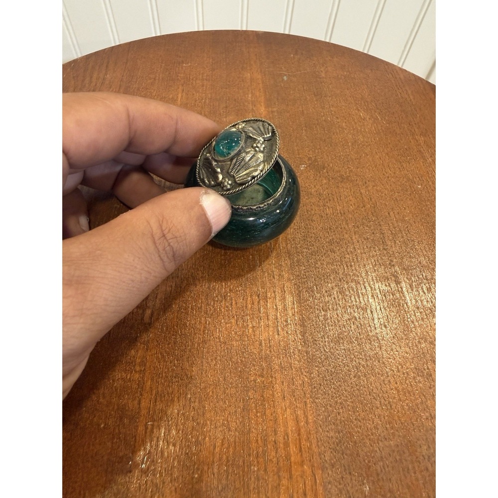 VTG Sterling silver Plated Dark Jade Pill/ Trinket/ Snuff Green Jade Glass Jar